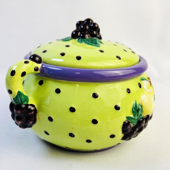 CBK Purple & Lime Green Ceramic Whimsical Vintage Lidded Pot Grapes Pears 7” - Picture 9 of 10